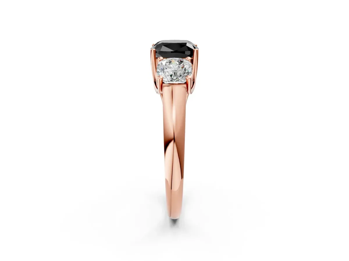 Fancy Black Three-Stone Cushion Cut Diamond Engagement Ring with Prong Setting Rose gold