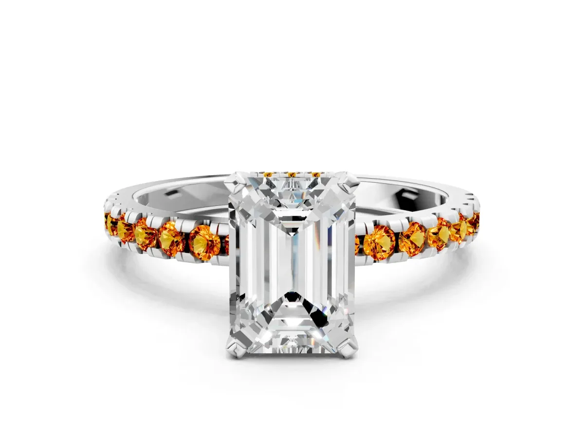 Emerald Cut Diamond Solitaire Ring with Round Citrine Pavé Band and Four-Prong Setting Silver