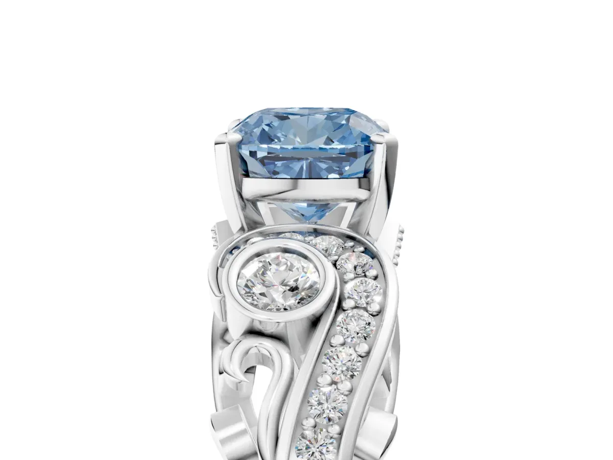 Fancy Blue Cushion Cut Diamond Solitaire Ring with Milgrain Pavé Band and Four-Prong Setting Silver