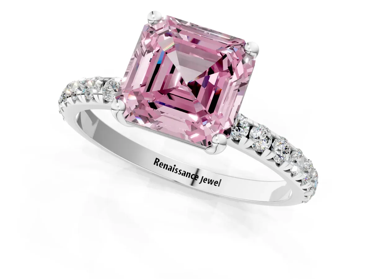 Fancy Pink Asscher Cut Cut Diamond Solitaire Ring with Micro Pave Band and Four Prong Setting Platinum
