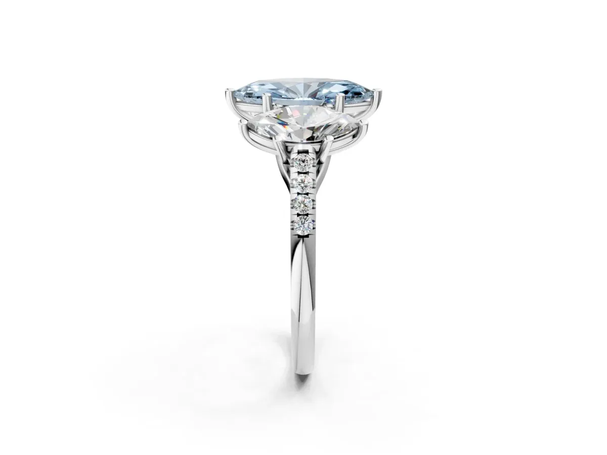 Fancy Blue Three-Stone Marquise Cut Diamond Ring with Round Pavé Band and Prong Setting Silver