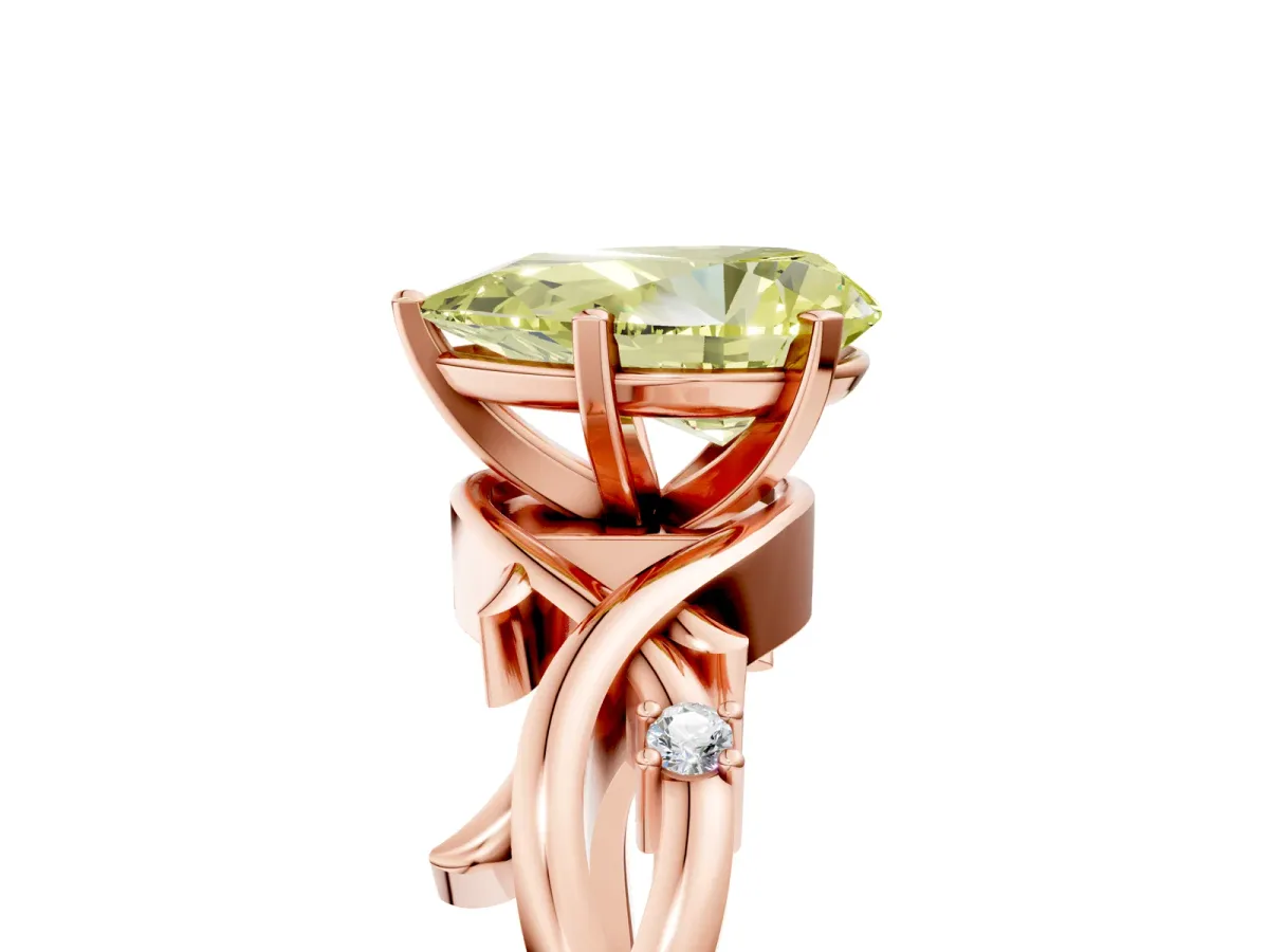Fancy Yellow Pear Cut Diamond Solitaire Ring with Twisted Band and Prong Setting Rose gold