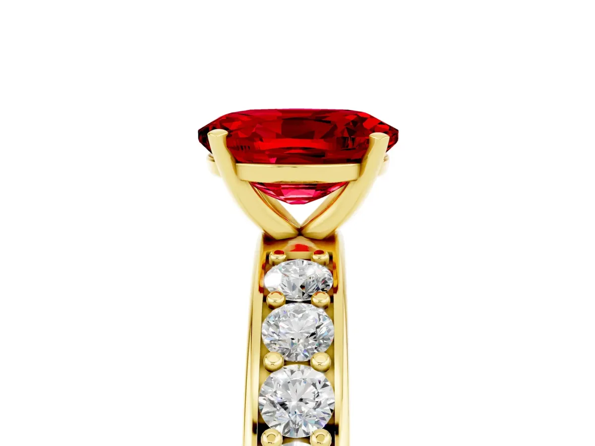 Oval Cut Ruby Engagement Ring with Channel Set Round Band and Prong Setting Yellow gold
