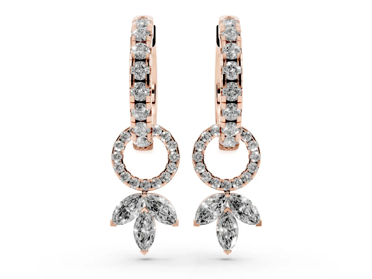 Round and Marquise Diamond Huggie Drop Earrings Rose gold