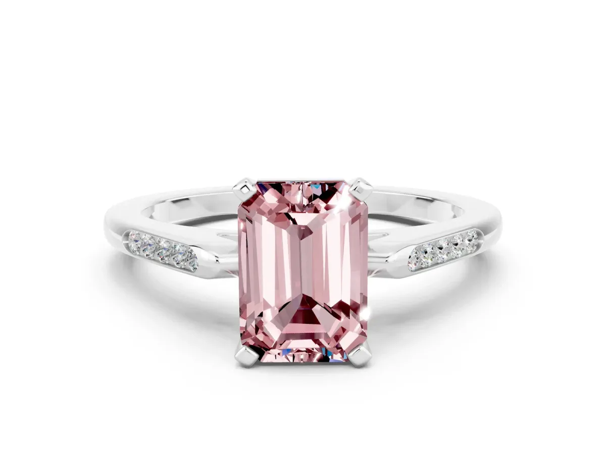 Emerald Cut Morganite Solitaire Ring with Channel Set Round Band and Prong Setting Silver