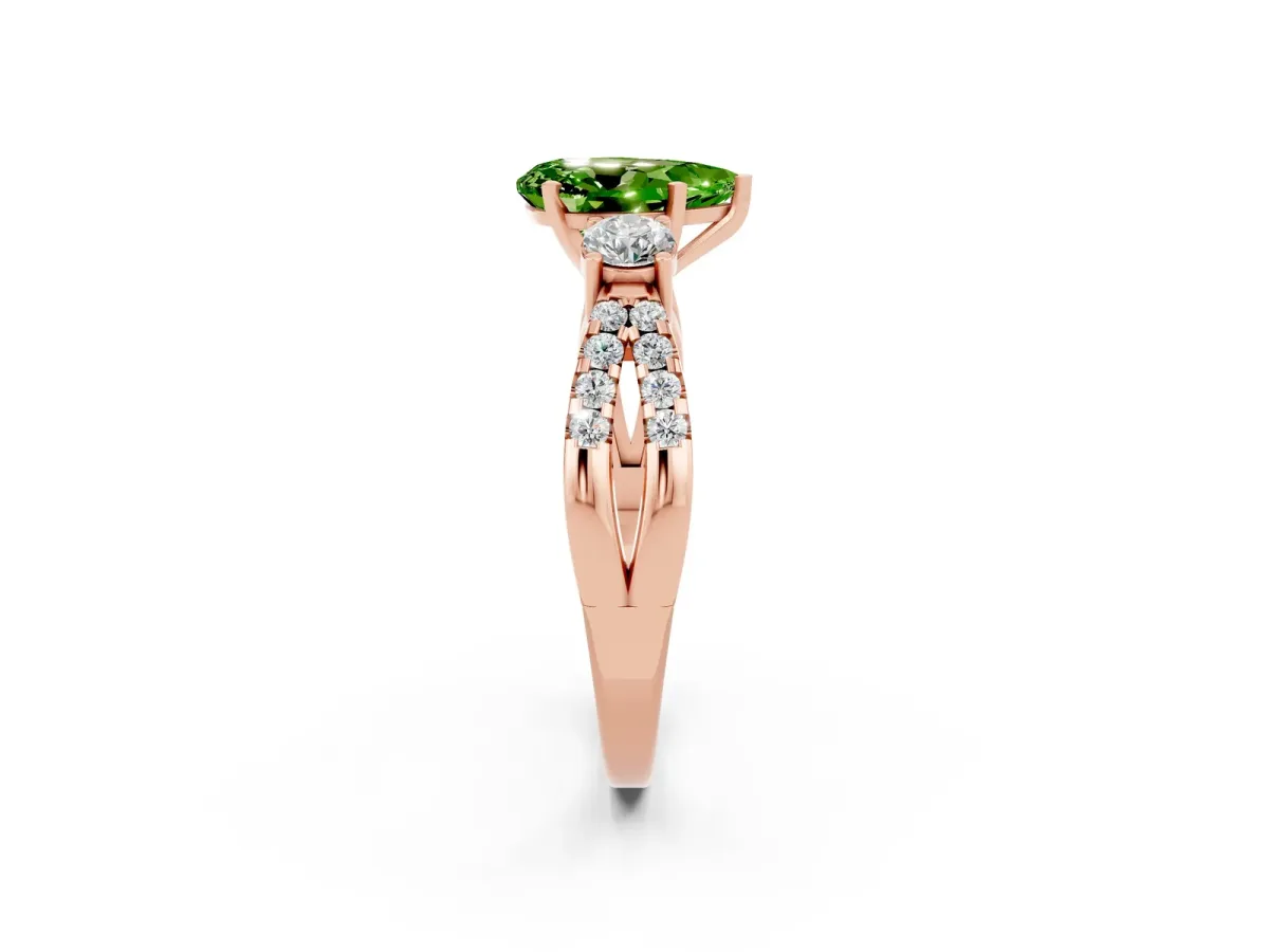 Pear Cut Peridot Three-Stone Ring with Pavé Split Shank and Four-Prong Setting Rose gold