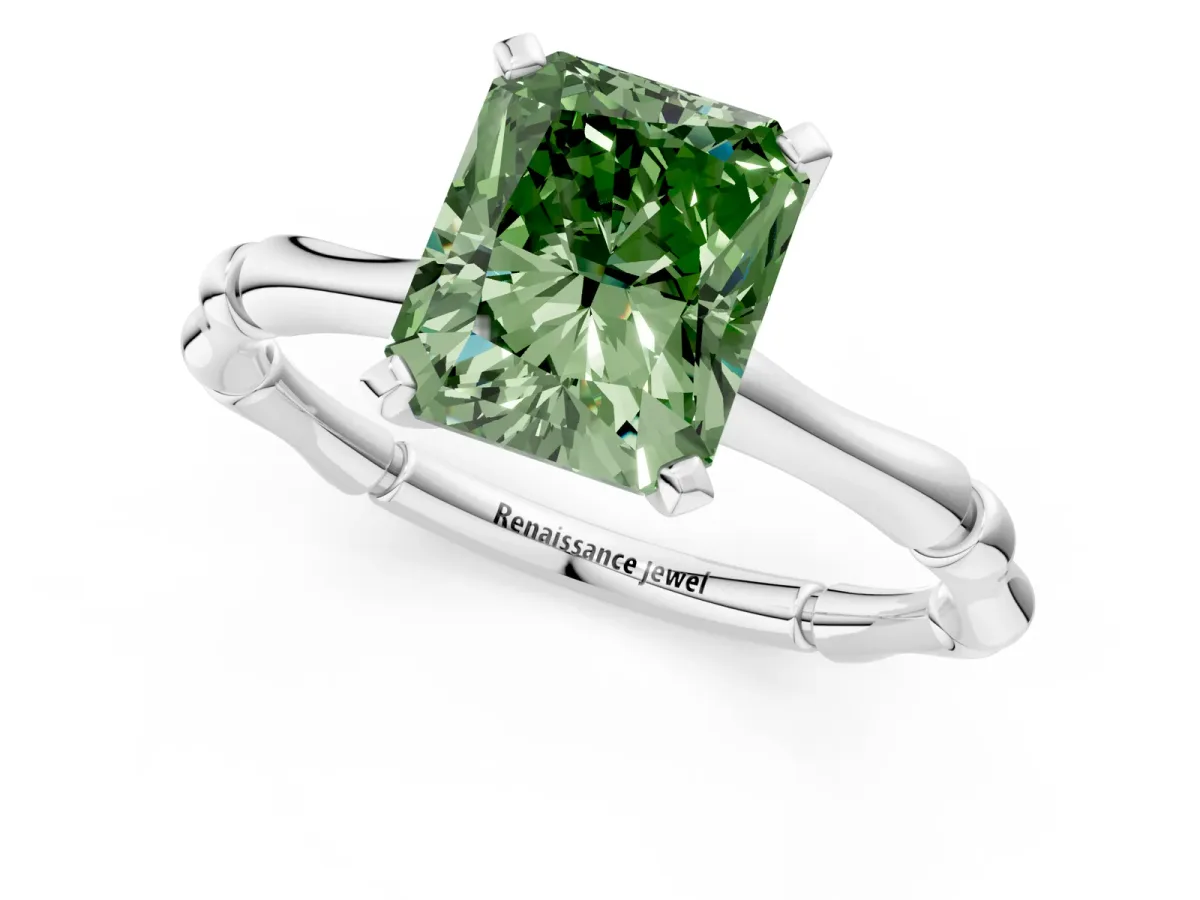 Fancy Green Radiant Cut Solitaire Diamond Ring with Bamboo Band and Four-Prong Setting Platinum