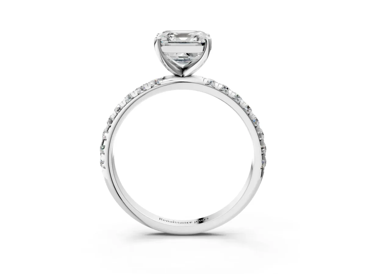 Asscher Cut Cut Diamond Solitaire Ring with Micro Pave Band and Four Prong Setting Platinum