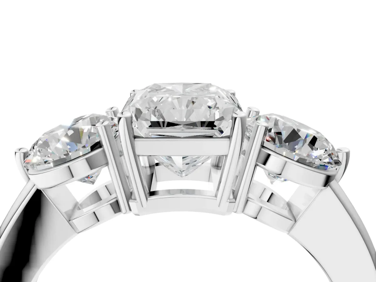 Radiant Cut Diamond Three-Stone Ring with Prong Setting and Classic Band Platinum