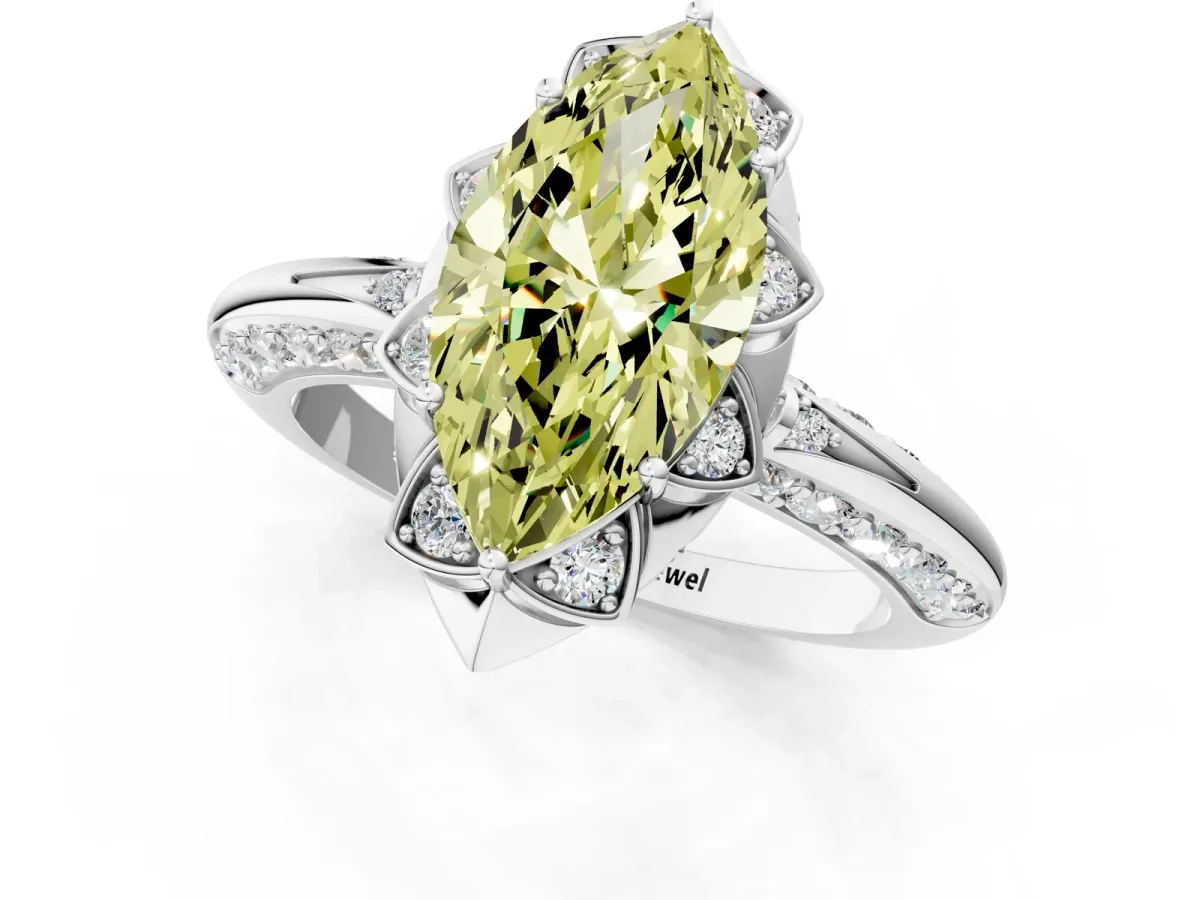 Fancy Yellow Marquise Cut Halo Split Shank Pave Diamond Ring with Petal Prong Setting Platinum