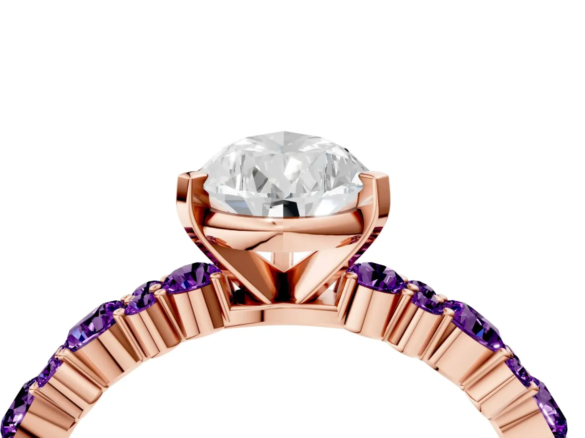 Pear Cut Diamond Side Stone Solitaire Ring with Round Amethyst and Four-Prong Setting Rose gold