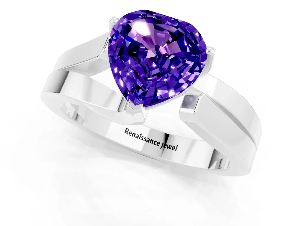 Modern Tension Set Heart Cut Tanzanite Solitaire Wide Band Ring Silver