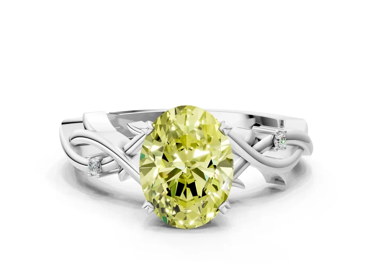 Fancy Yellow Oval Cut Diamond Solitaire Ring with Twisted Band and Prong Setting Silver