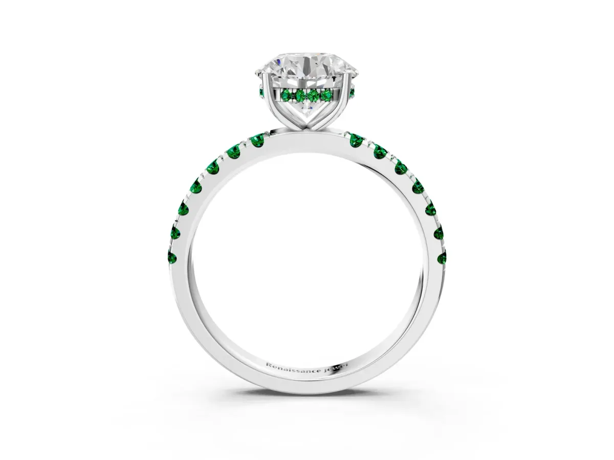 Round Cut Diamond Pave Band Solitaire Ring with Round Emerald and Prong Setting White gold