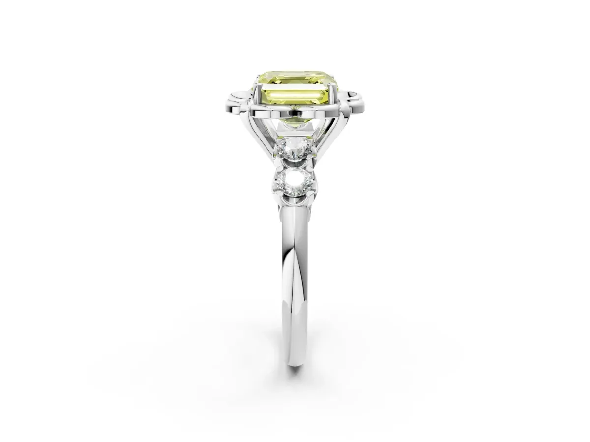 Fancy Yellow Asscher Cut Cut Diamond Floral Halo Engagement Ring with Shared Prong Setting Silver
