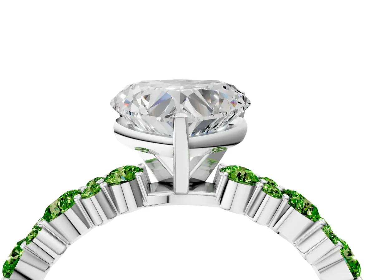 Heart Cut Diamond Side Stone Solitaire Ring with Round Peridot and Four-Prong Setting Platinum