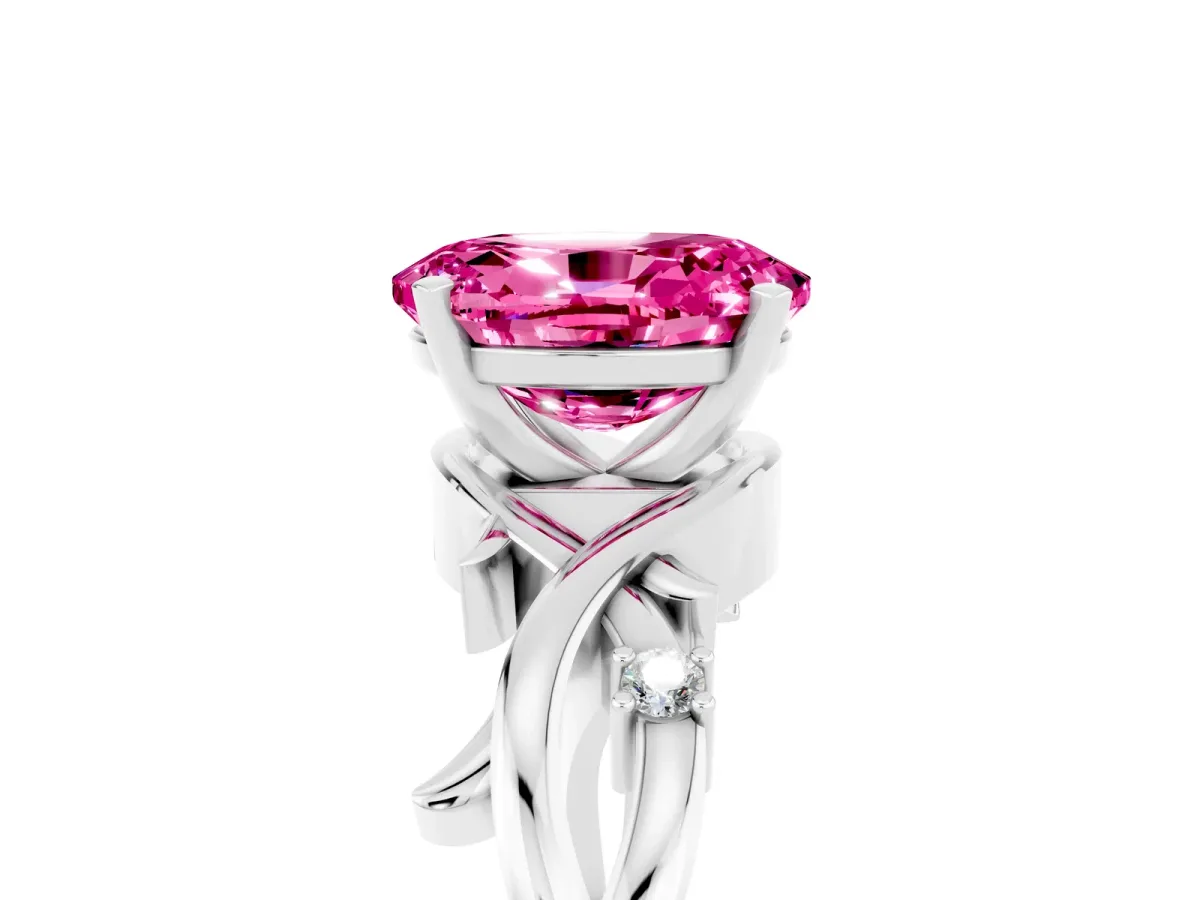 Oval Cut Pink Sapphire Solitaire Ring with Twisted Band and Prong Setting Silver