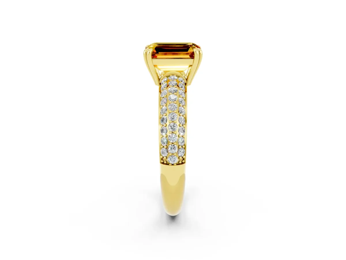 Emerald Cut Citrine Vintage Milgrain Ring with Round Stations Yellow gold