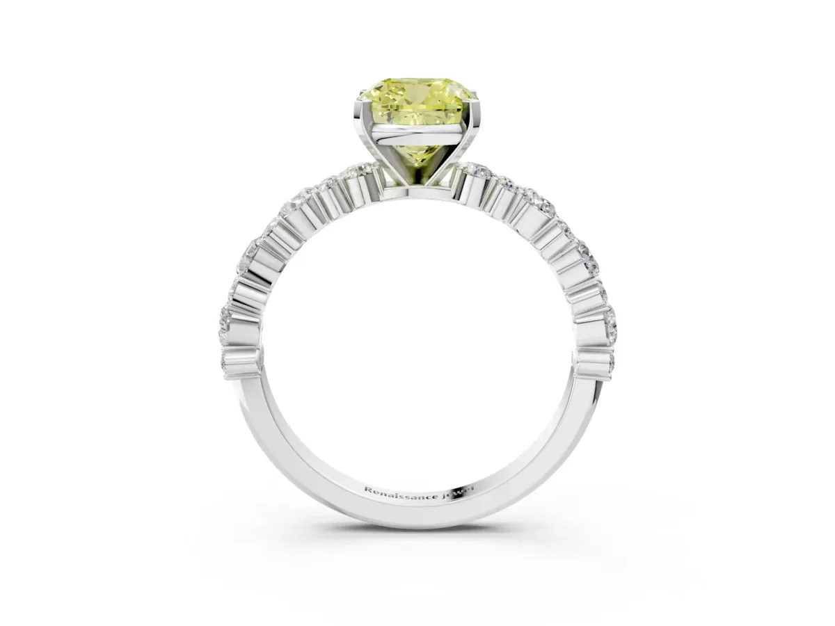Fancy Yellow Cushion Cut Diamond Side Stone Solitaire Ring with Round and Four-Prong Setting Platinum