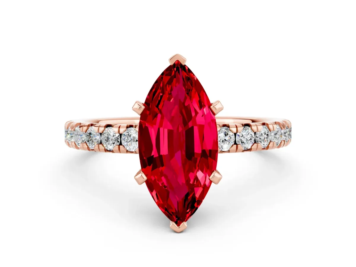 Marquise Cut Ruby Solitaire Pavé Engagement Ring with Round Band and Prong Setting Rose gold