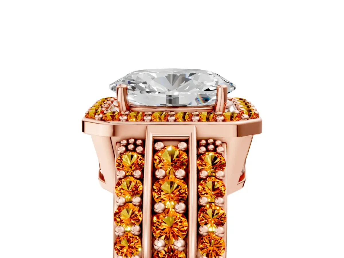 Oval Cut Halo Diamond Ring with Round Citrine Split Shank and Prong Setting Rose gold