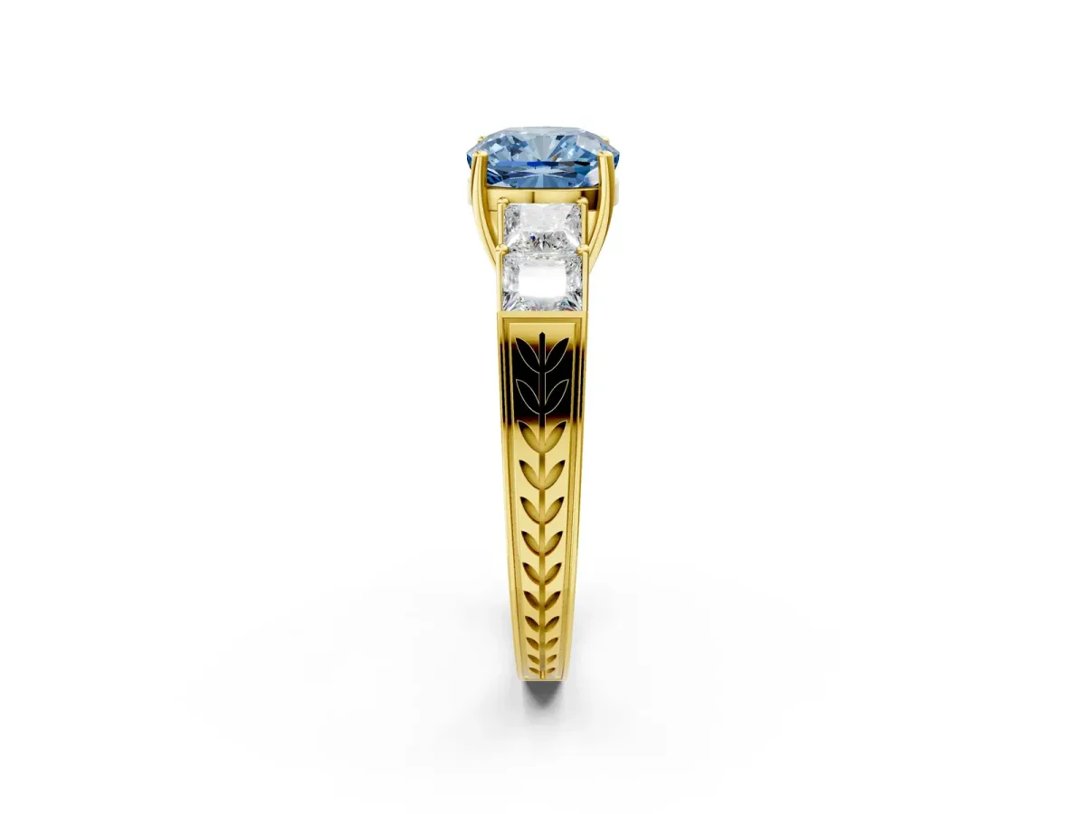 Fancy Blue Cushion Cut Solitaire Princess Side Stone Engraved Band Prong Setting Ring Yellow gold