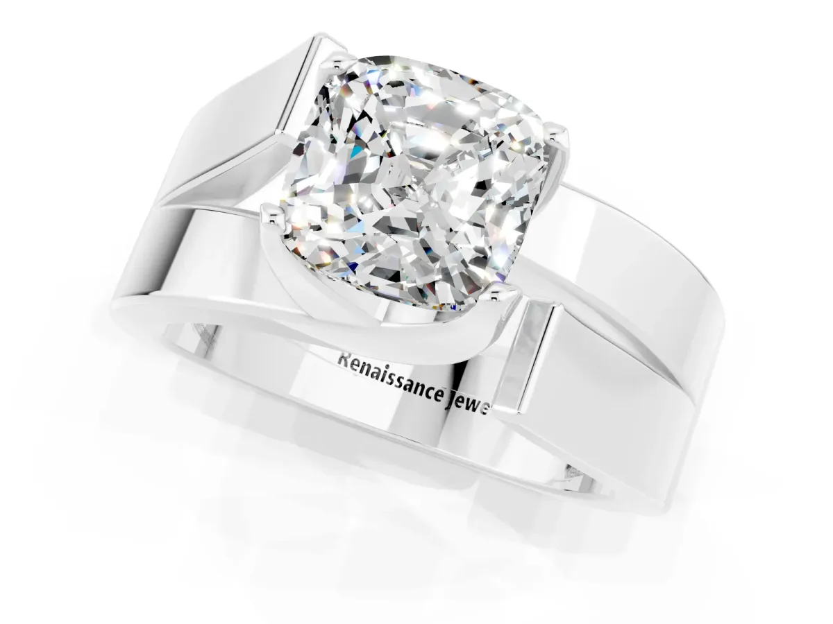 Modern Tension Set Cushion Cut Moissanite Solitaire Wide Band Ring Silver