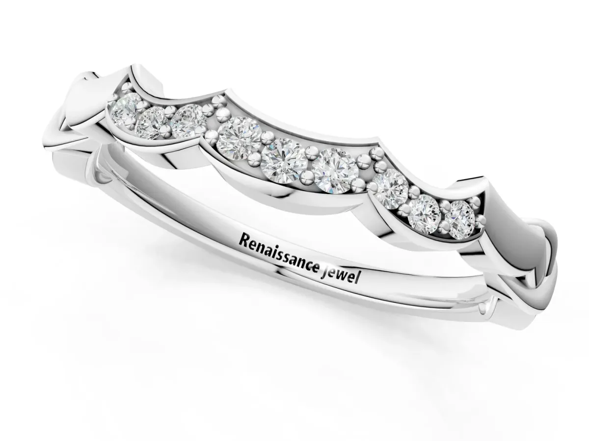 Scalloped Diamond Curved Band with Round Brilliant Stones and Shared Prong Setting Silver