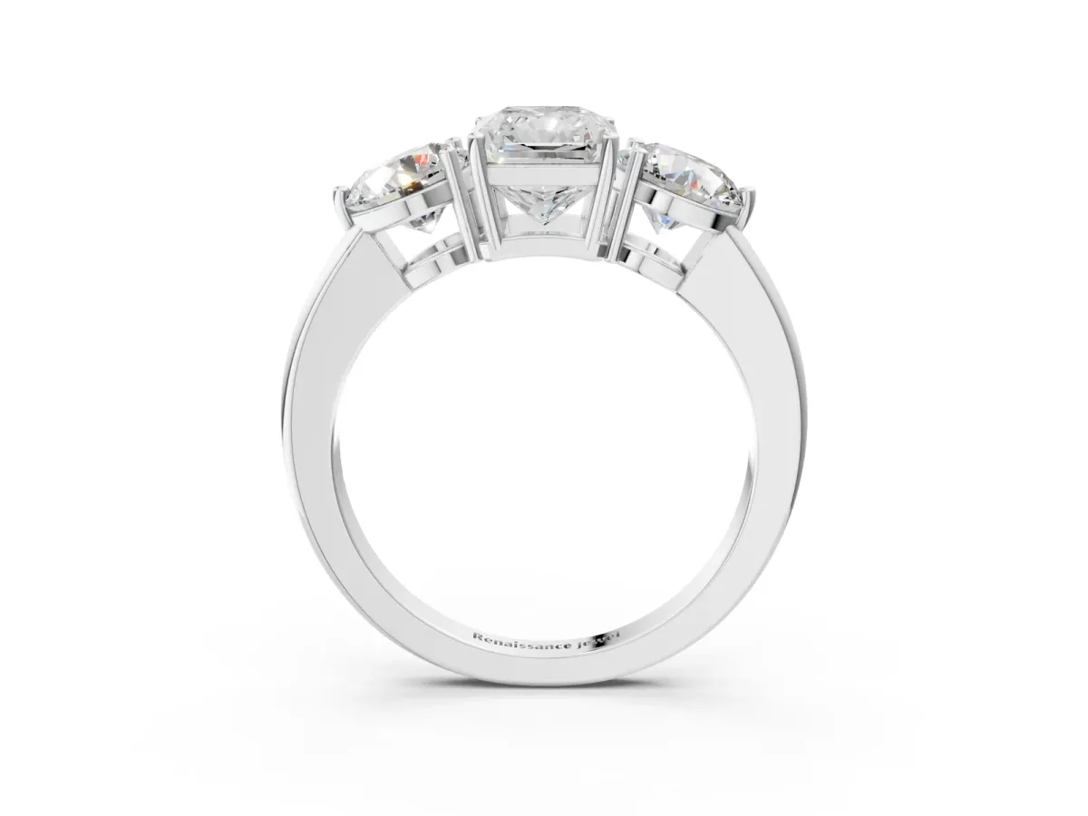 Radiant Cut Diamond Three-Stone Ring with Prong Setting and Classic Band Platinum