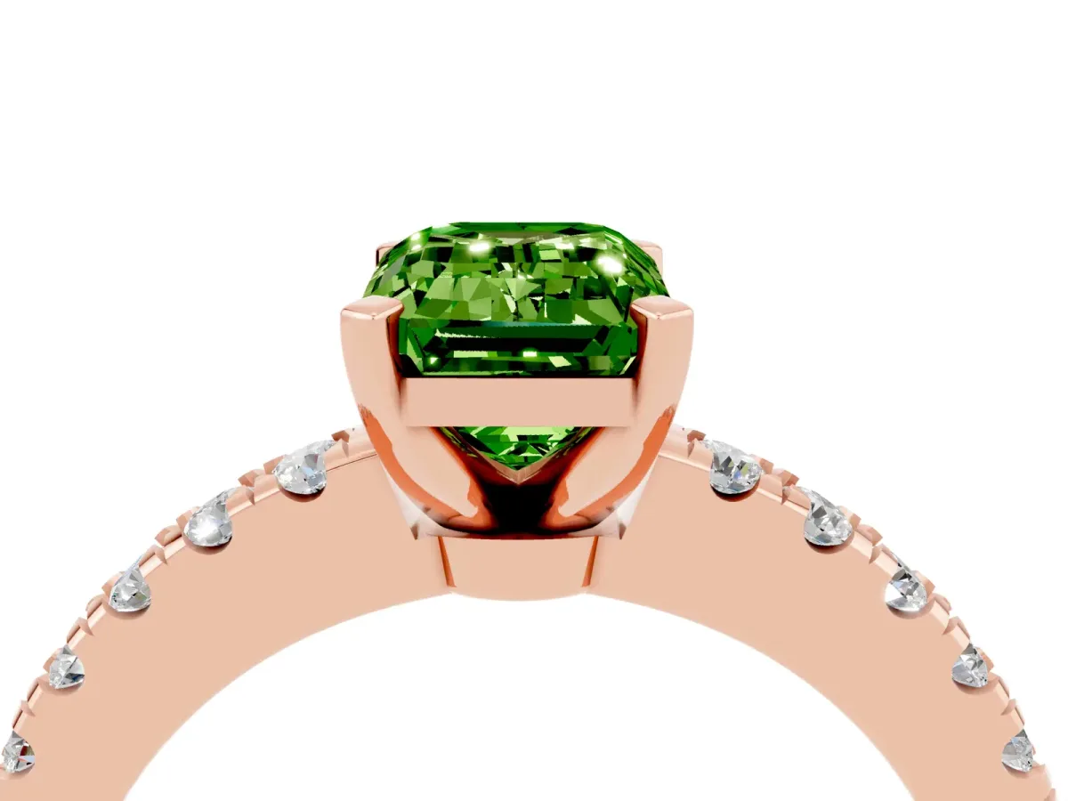 Emerald Cut Solitaire Peridot with Pavé Band and Four-Prong Setting Rose gold