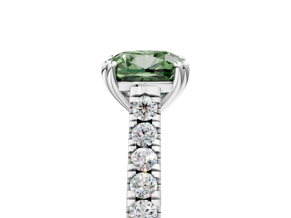 Fancy Green Cushion Cut Solitaire Pave Diamond Engagement Ring with Prong Setting White gold