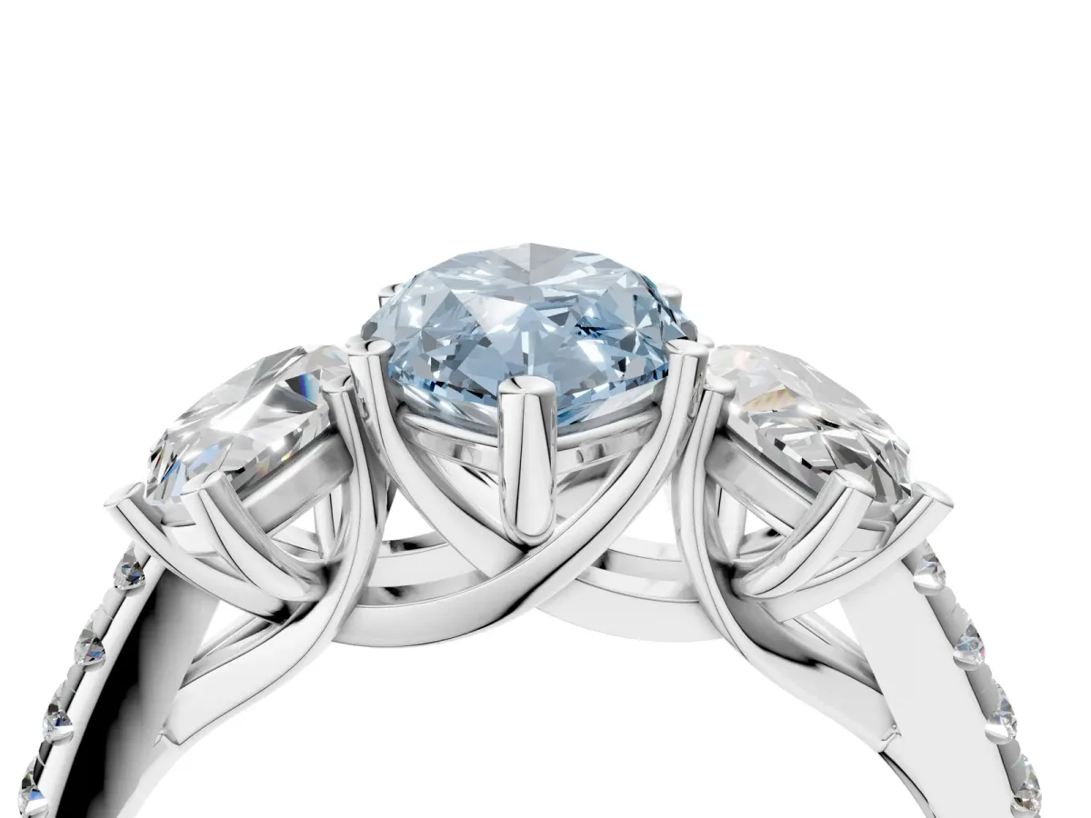 Fancy Blue Three-Stone Marquise Cut Diamond Ring with Round Pavé Band and Prong Setting Silver