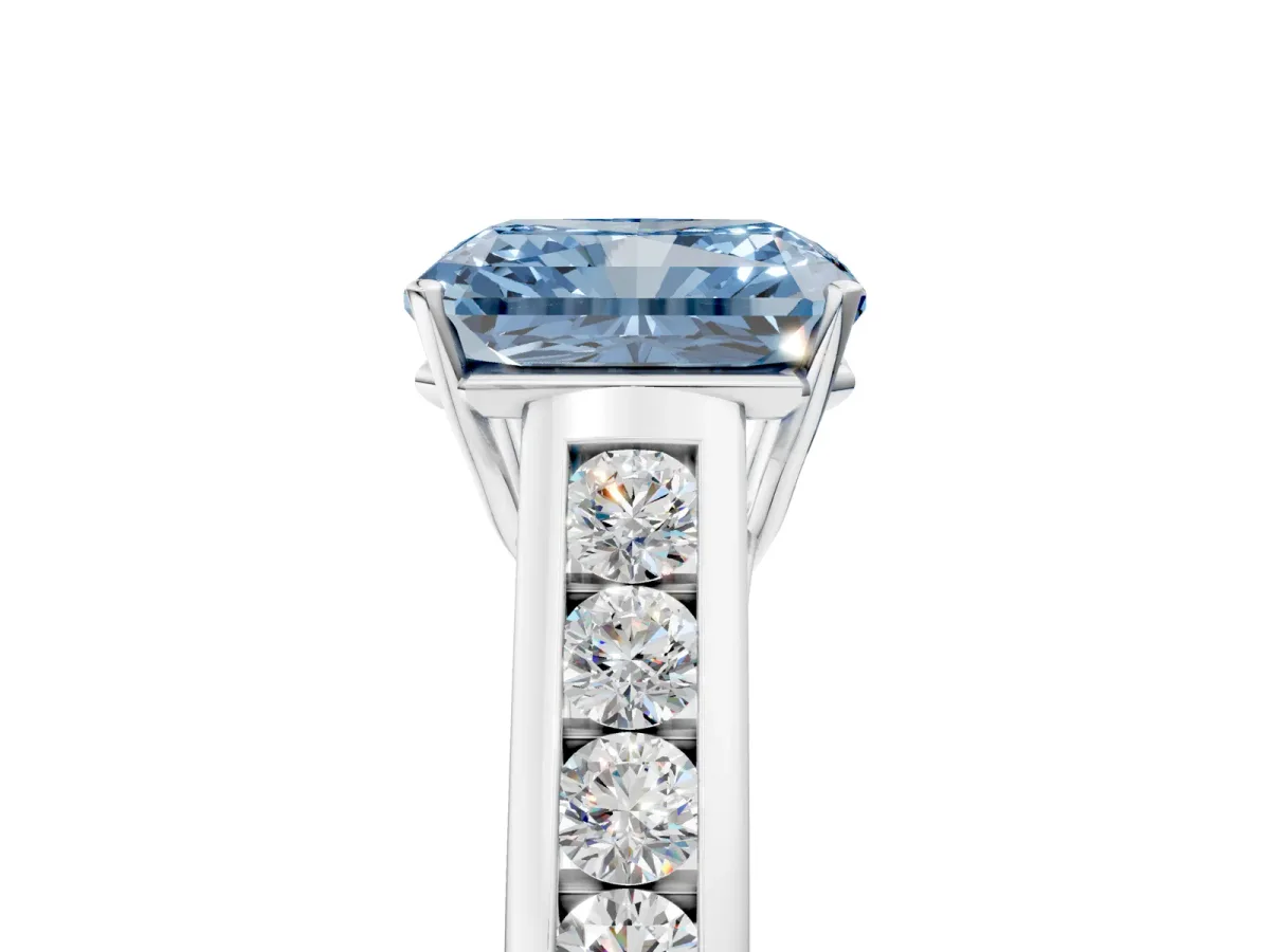 Fancy Blue Radiant Cut Brilliant Channel-Set Solitaire Ring with Four-Prong Setting Platinum