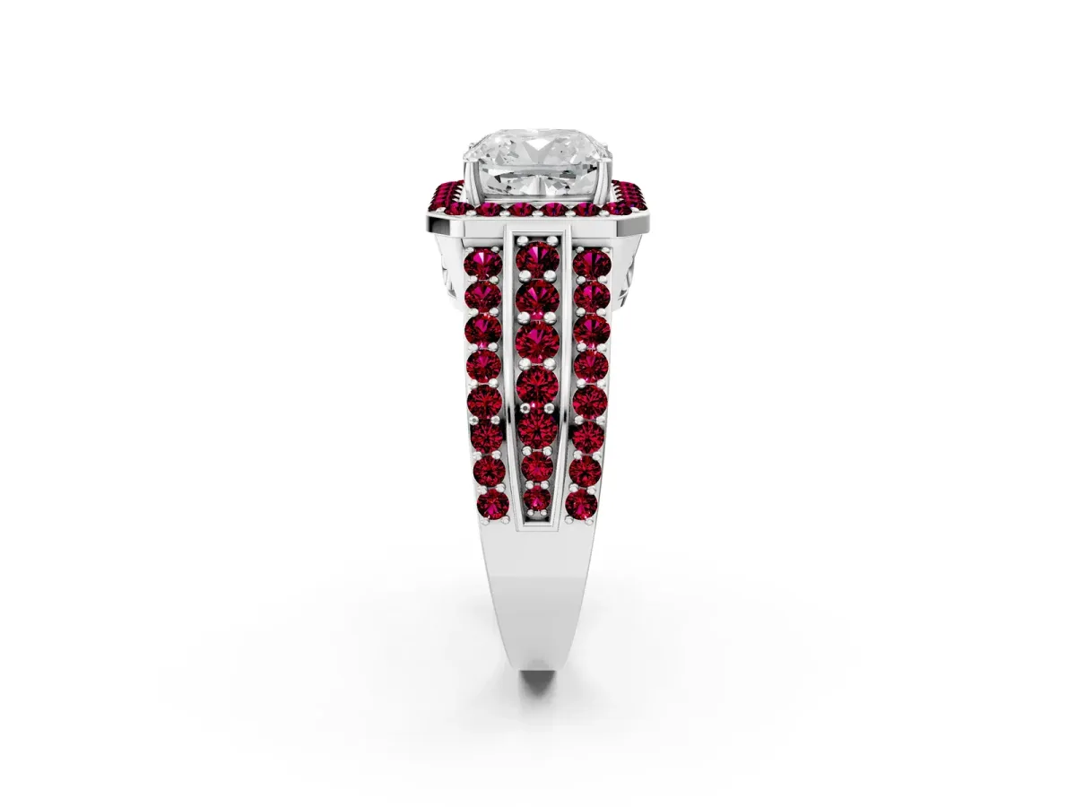 Cushion Cut Halo Diamond Ring with Round Garnet Split Shank and Prong Setting Silver