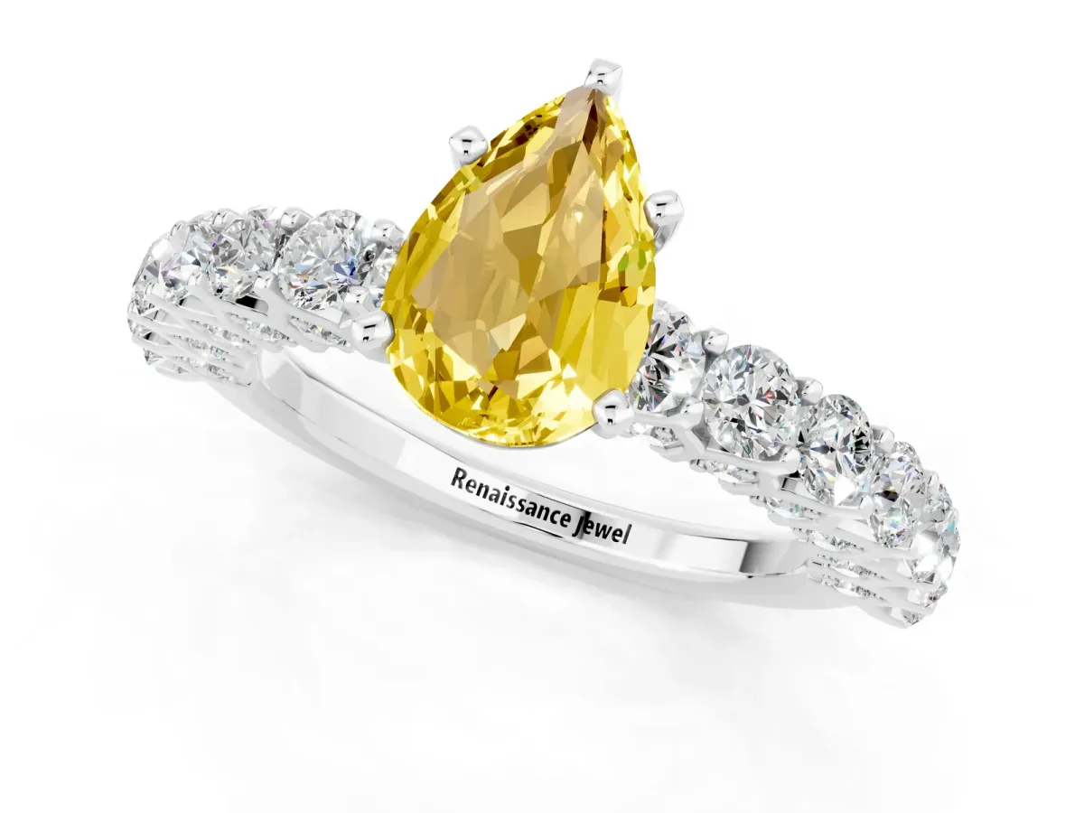 Pear Cut Yellow Sapphire Solitaire Ring with Shared Prong Pavé Band and Four-Prong Setting Silver
