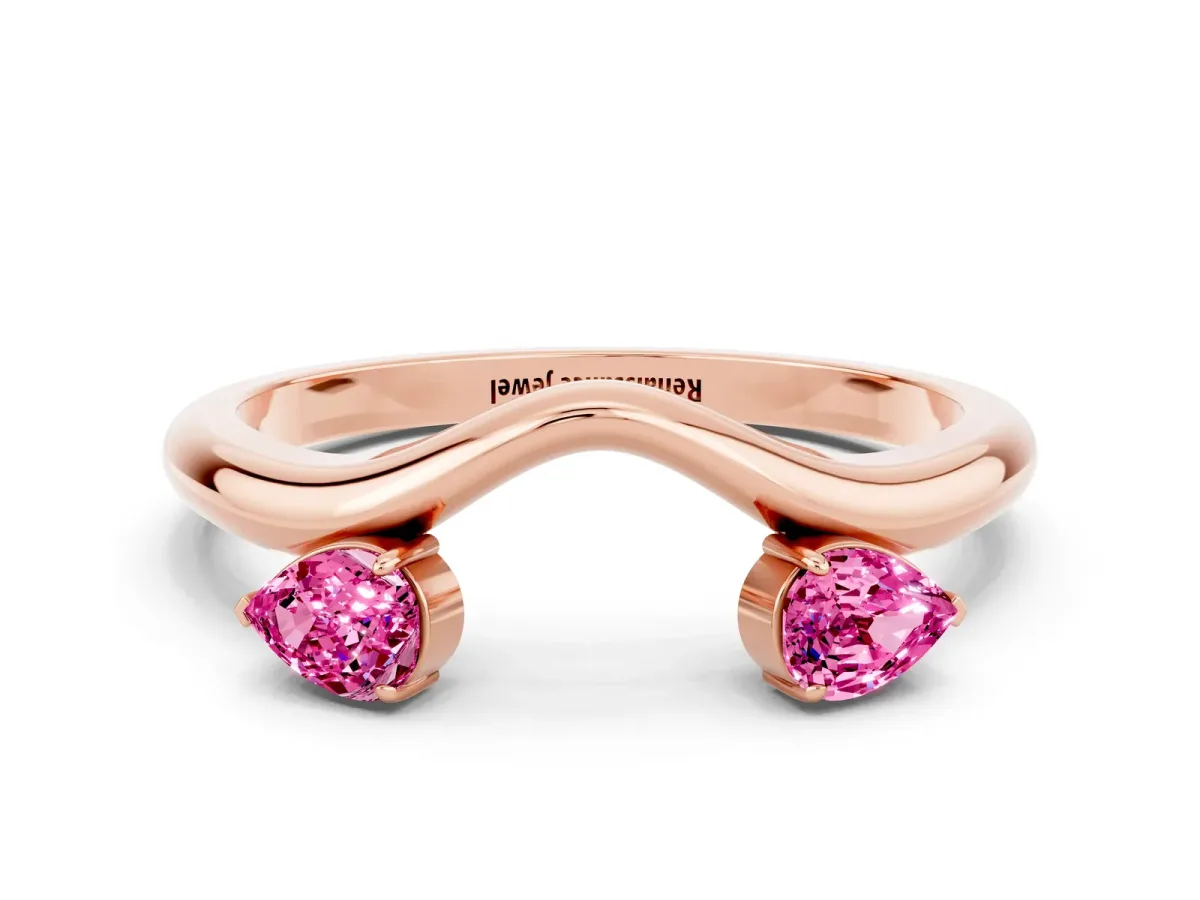 Pear Cut Pink Sapphire Two-Stone Open Band Ring with Prong Setting Rose gold