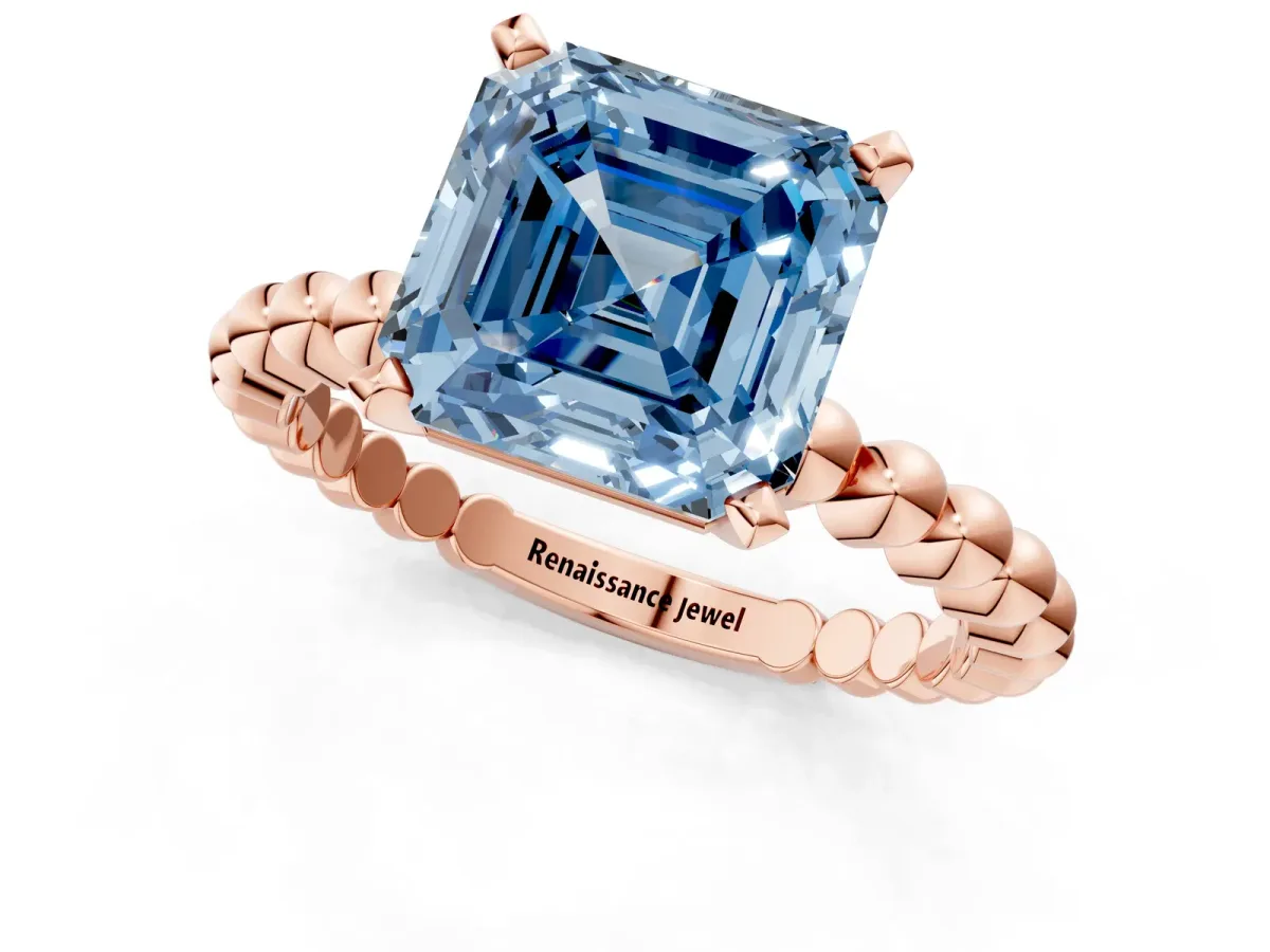 Fancy Blue Asscher Cut Diamond Solitaire Ring with Beaded Band and Prong Setting Rose gold
