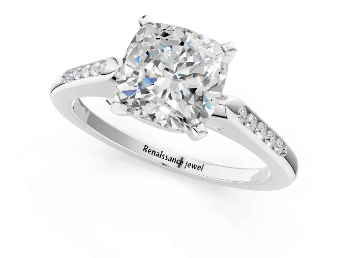 Cushion Cut Diamond Solitaire Ring with Channel Set Round Band and Prong Setting Silver