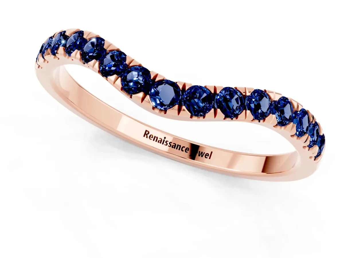 Curved Pavé Round Blue Sapphire Wedding Band with Shared Prong Setting Rose gold