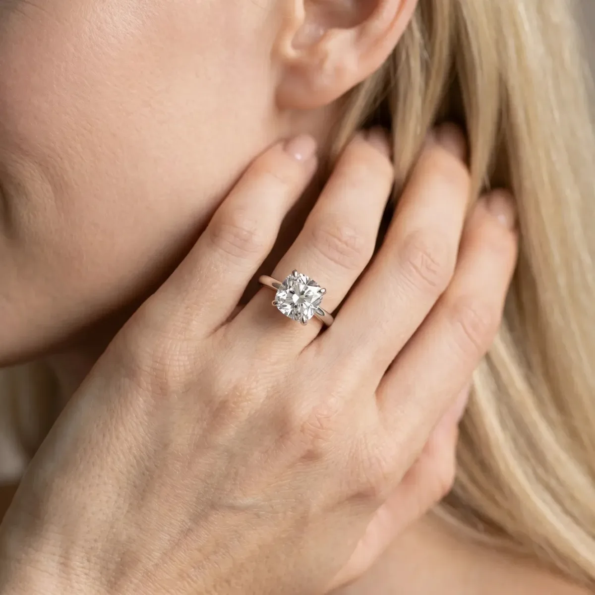 Cushion Cut Diamond Solitaire Engagement Ring with Round Band and Four-Prong Setting Silver