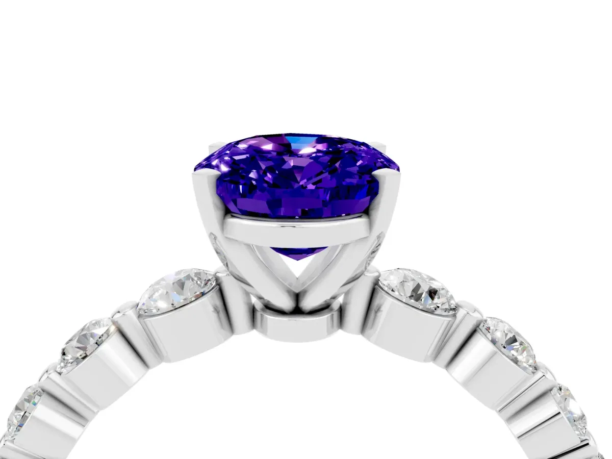 Oval Cut Solitaire Tanzanite Ring with Pave Band and Four-Prong Setting Silver