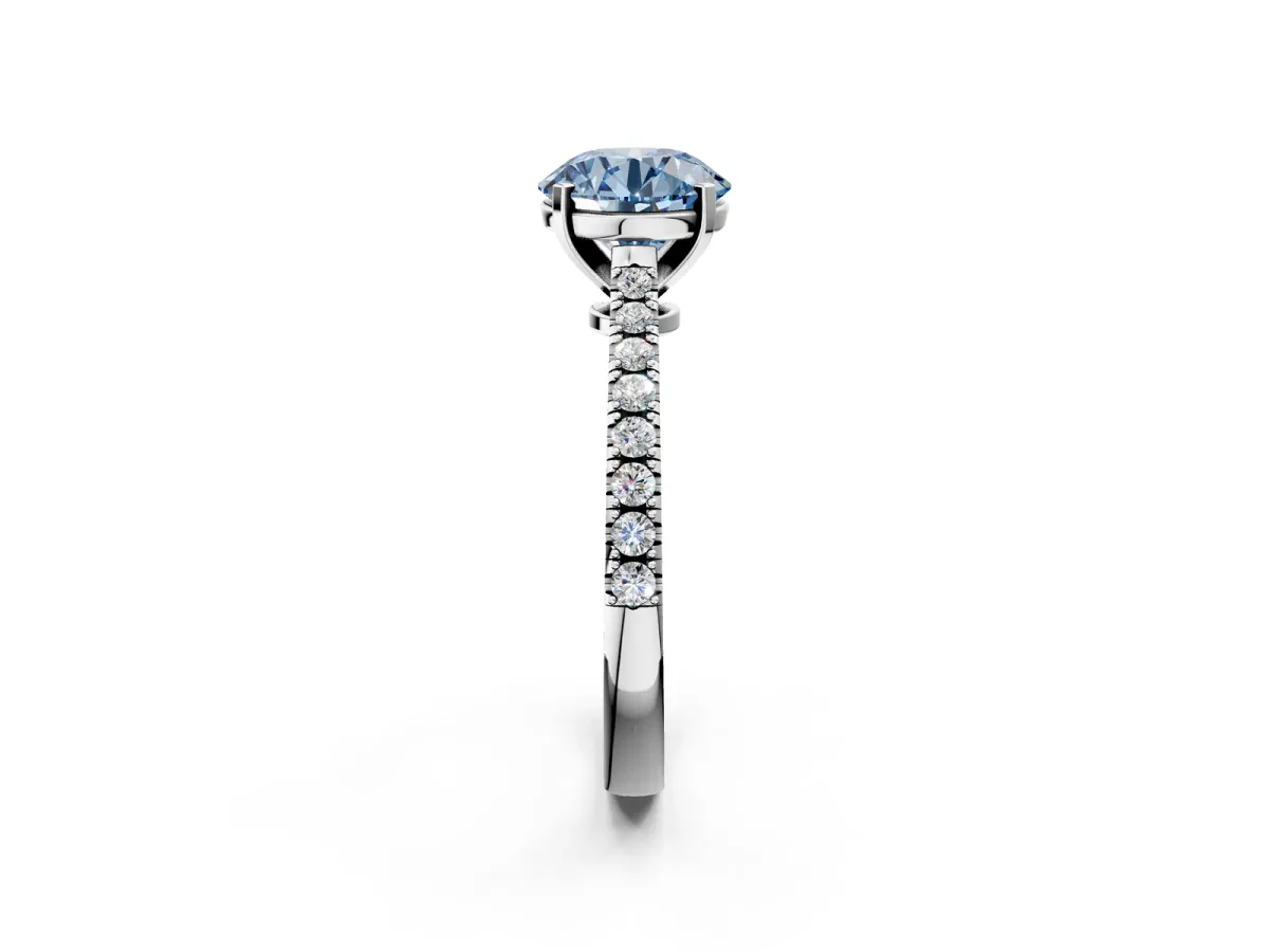 Fancy Blue Round Cut Cut Solitaire Diamond Engagement Ring with Pave Band and Four-Prong Setting Silver