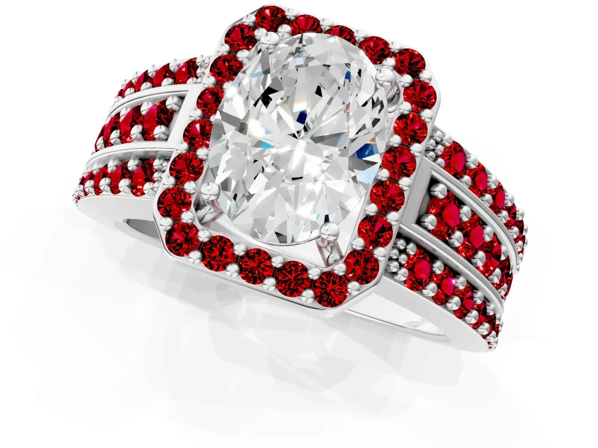 Oval Cut Halo Diamond Ring with Round Ruby Split Shank and Prong Setting White gold