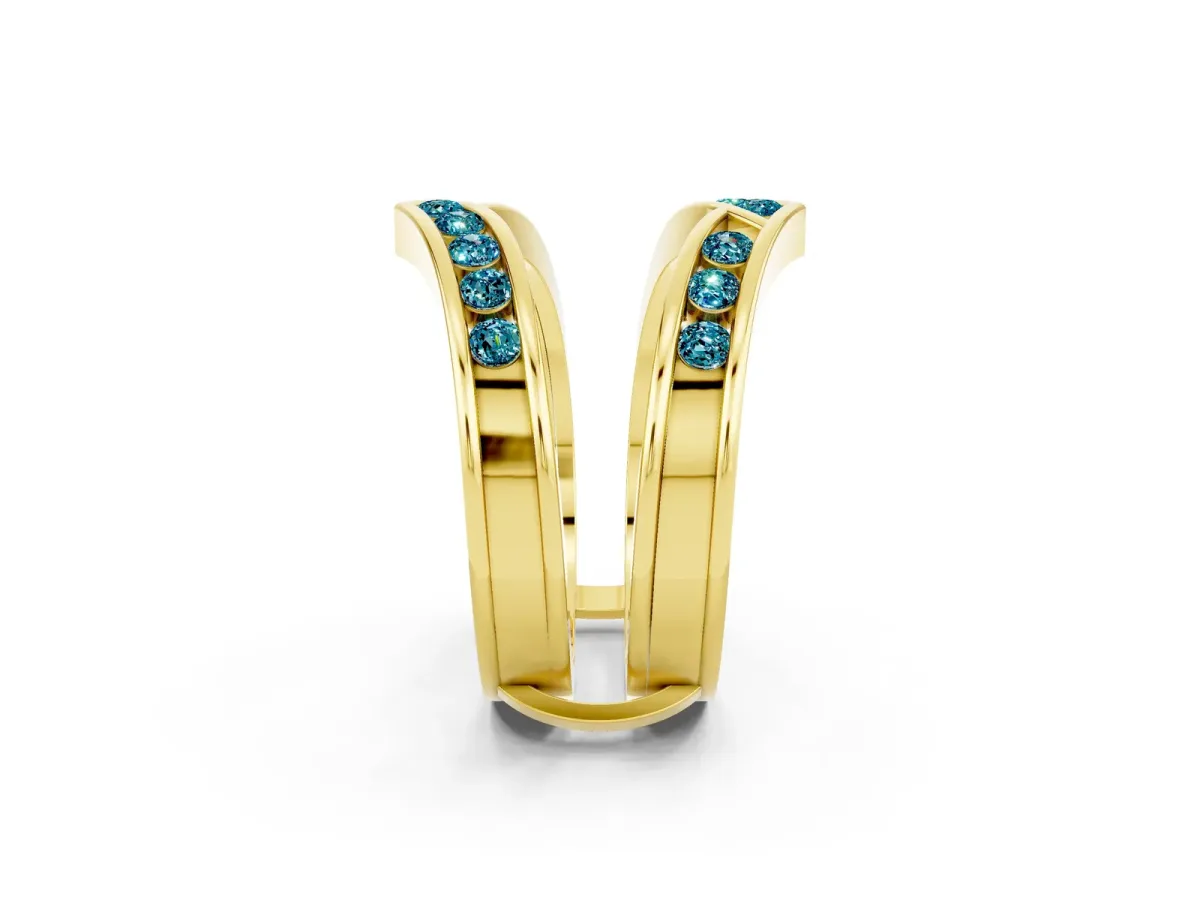 Round Blue Topaz Channel-Set Chevron Band Yellow gold