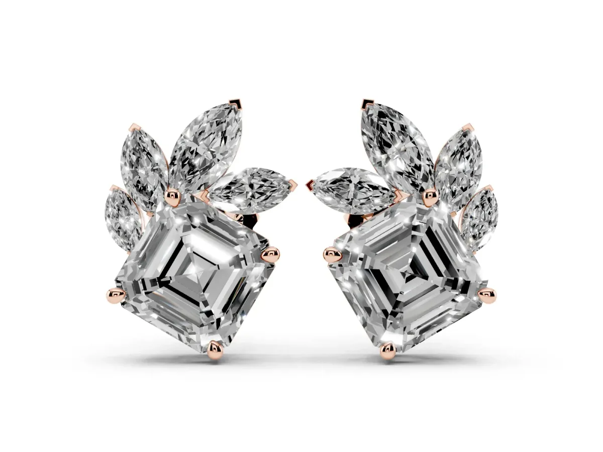 Asscher and Marquise Diamond Cluster Stud Earrings Rose gold