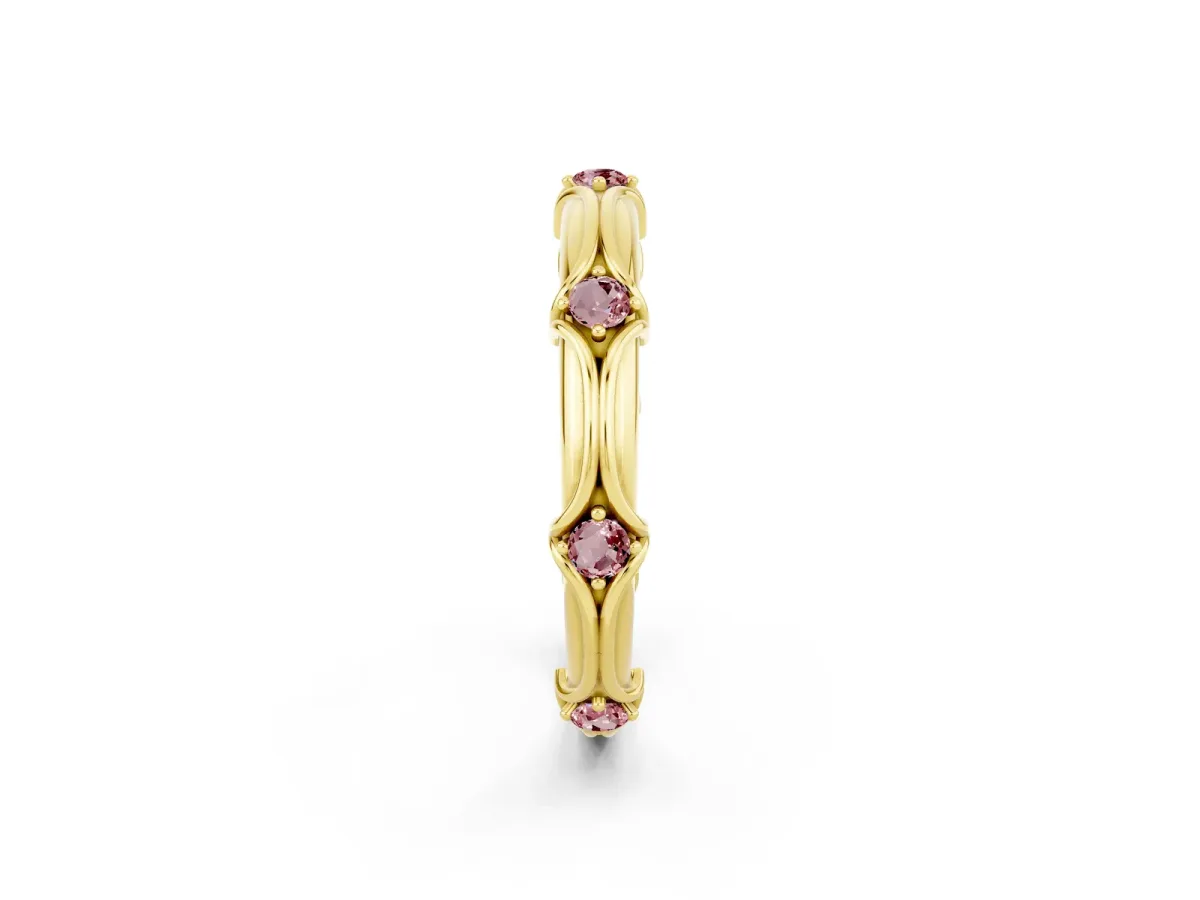 Round Morganite Prong Set Milgrain Eternity Band Yellow gold