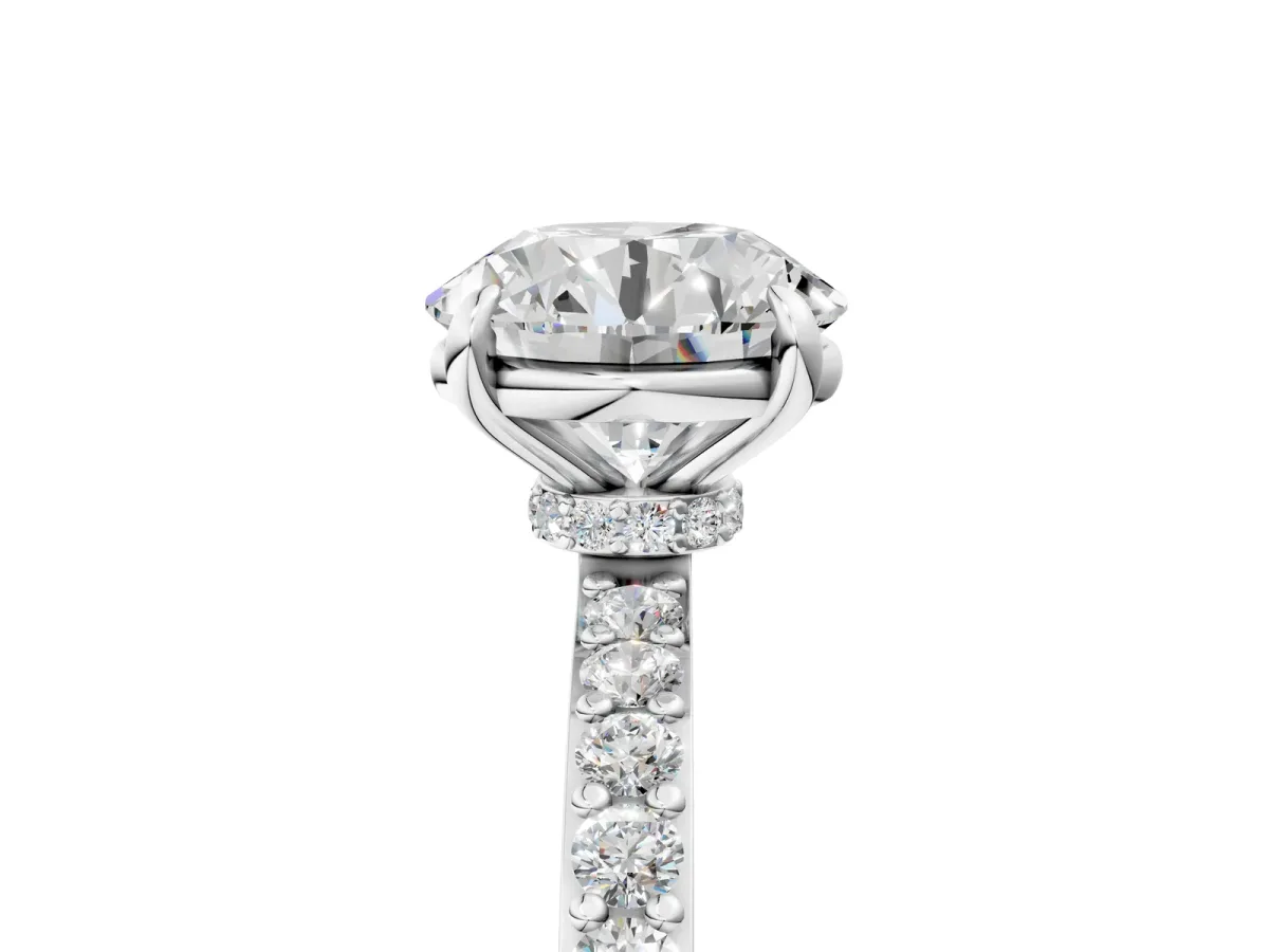 Round Cut Diamond Pavé Engagement Ring with Round Accents and Prong Setting Silver