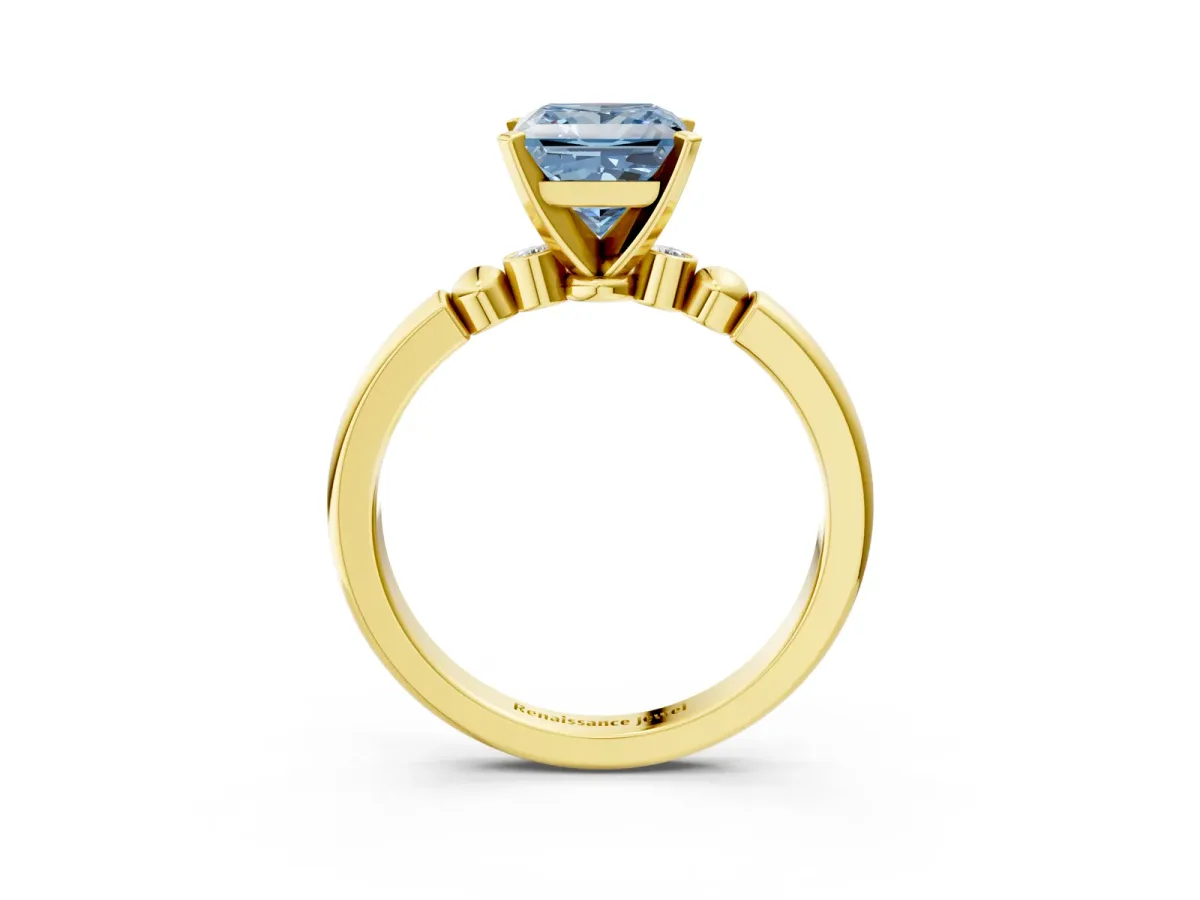 Fancy Blue Princess Cut Solitaire Beaded Band with Four-Prong Setting Yellow gold