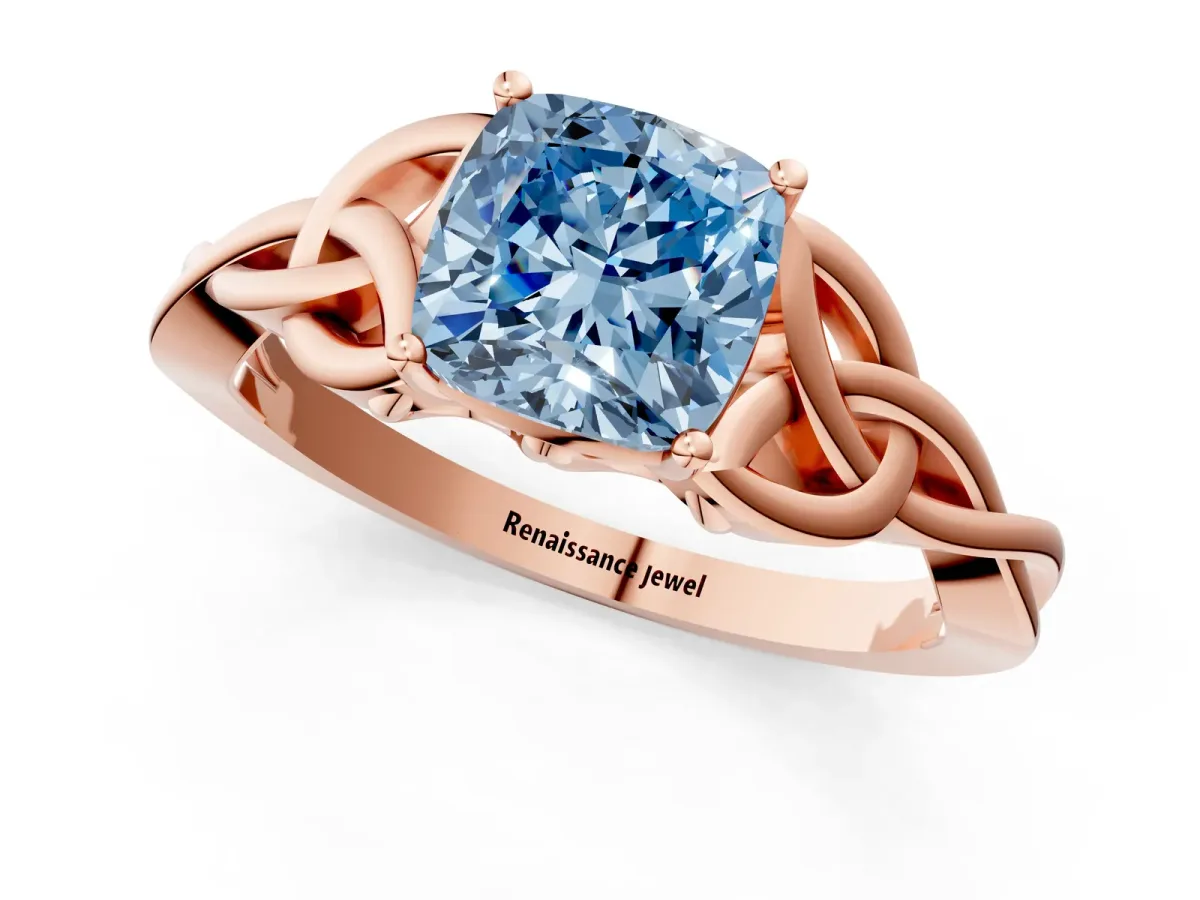 Fancy Blue Cushion Cut Diamond Solitaire Celtic Knot Ring with Four-Prong Setting Rose gold