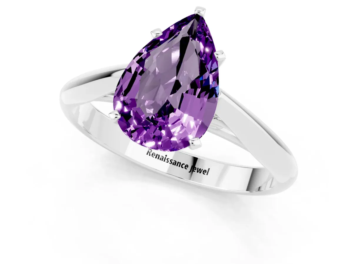 Pear Cut Amethyst Solitaire Engagement Ring with Cathedral Setting and Four-Prong Mount White gold